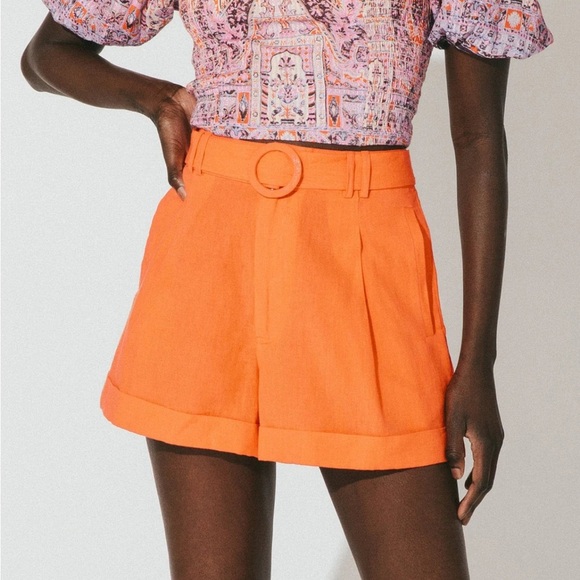 Cleobella Oscar Belted Cotton Linen Blend Shorts Orange High Rise - Picture 1 of 7